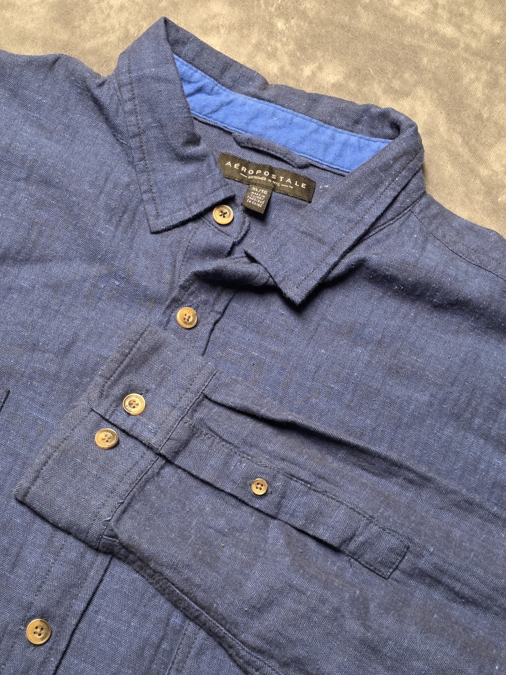 Aeropostale Men's Dark Blue Linen-Blend Button Down Shirt